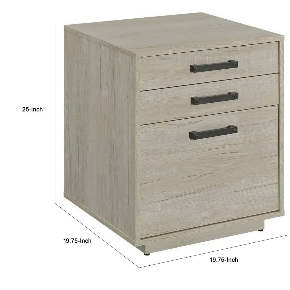 25 Inch Slim File Cabinet, 3 Gliding Drawers, Whitewashed Gray Wood Frame By Casagear Home