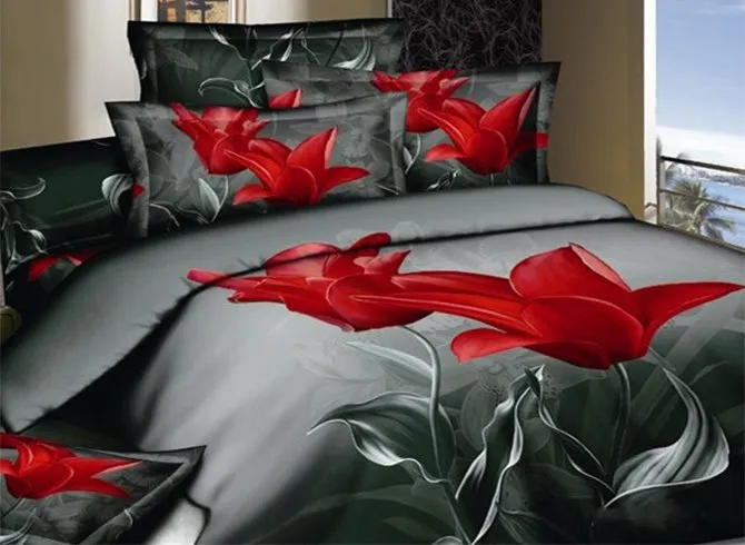 3D Red Tulip Printed Cotton Luxury 4-Piece Bedding Sets/Duvet Covers