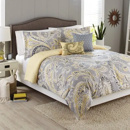 5-Piece Comforter Set, Yellow Grey Paisley