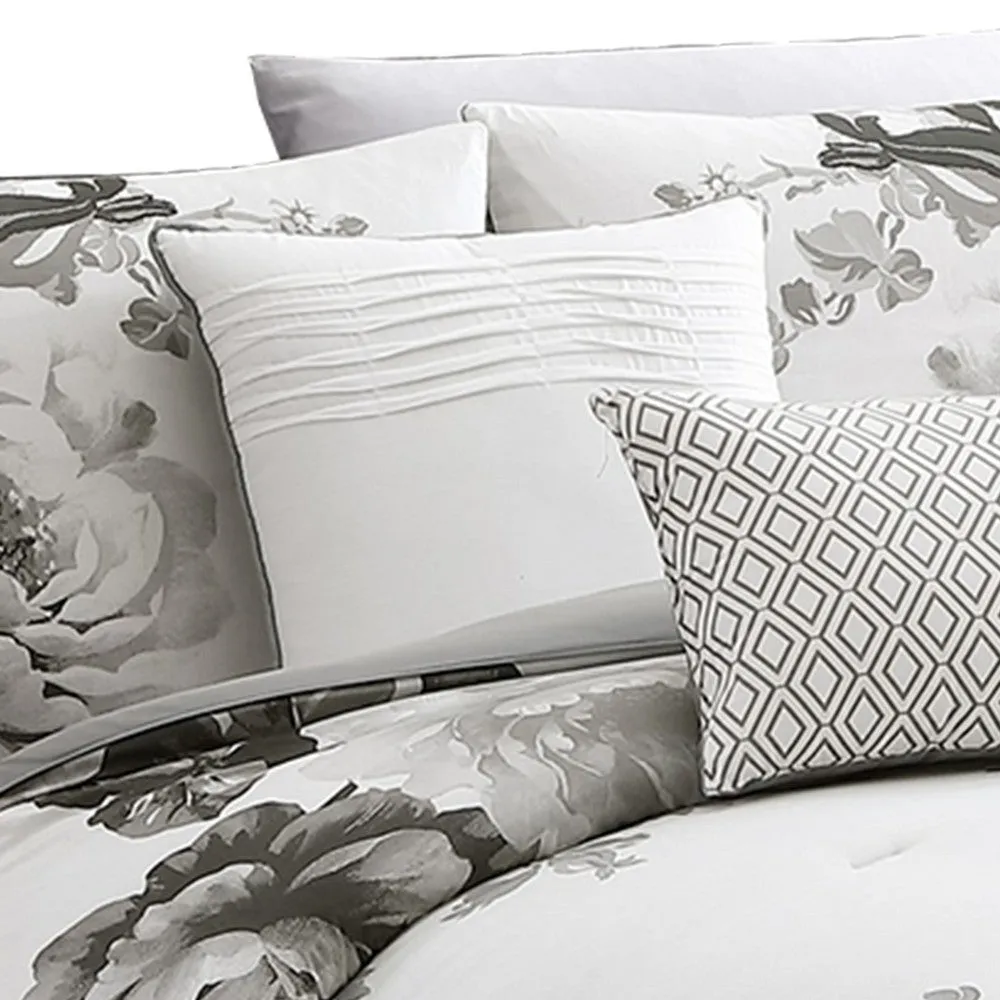 7 Piece Cotton Queen Comforter Set with Floral Print, Gray and White By Casagear Home