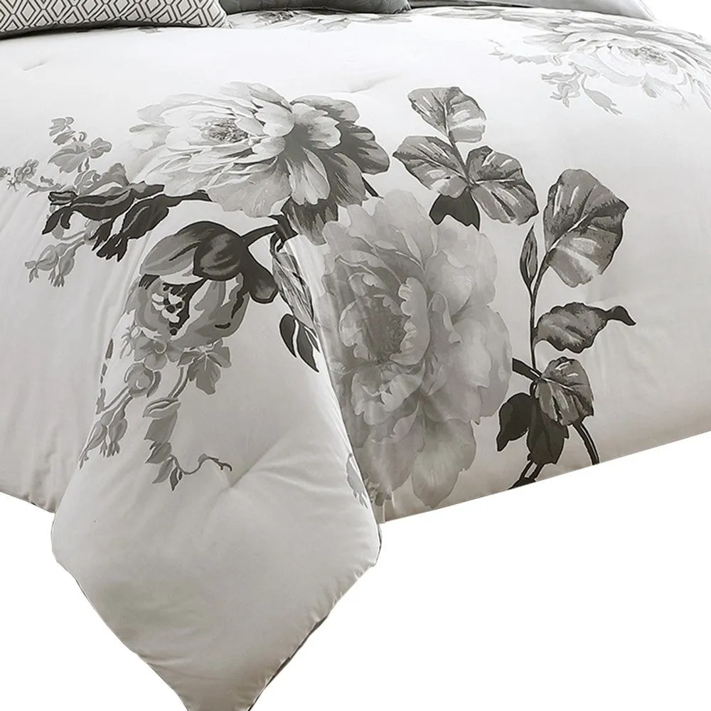 7 Piece Cotton Queen Comforter Set with Floral Print, Gray and White By Casagear Home