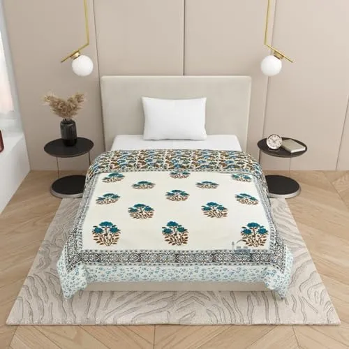 AARMOZY Cotton Jaipuri Razai Single Bed Hand Block Floral Buta Net Print Quilt/Rajai Blanket - Sky/Brown (Single Bed E)