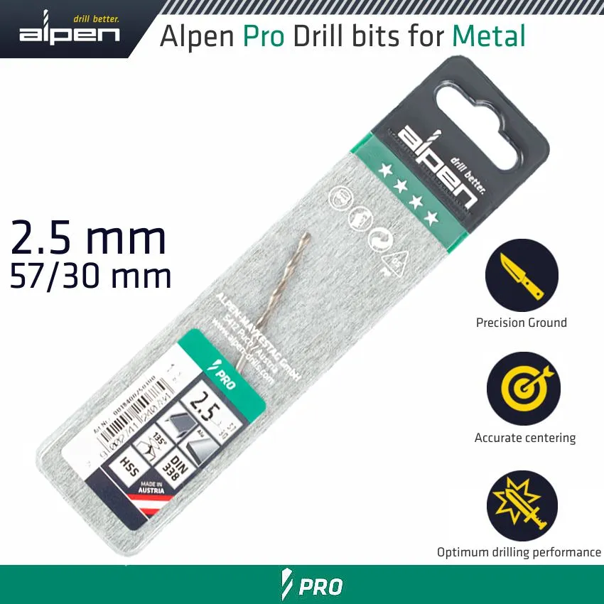 ALPEN ALPEN PRO HSS 2.5MM DRILL DIN 338 RN 135 SPLIT POINT PLASTIC WALLET  ( ALP1840025