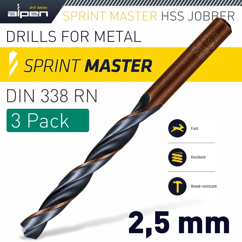 ALPEN HSS SPRINT MASTER  2.5MM X3 SLEEVED DIN338 ALPEN DRILL BIT ALP6180025