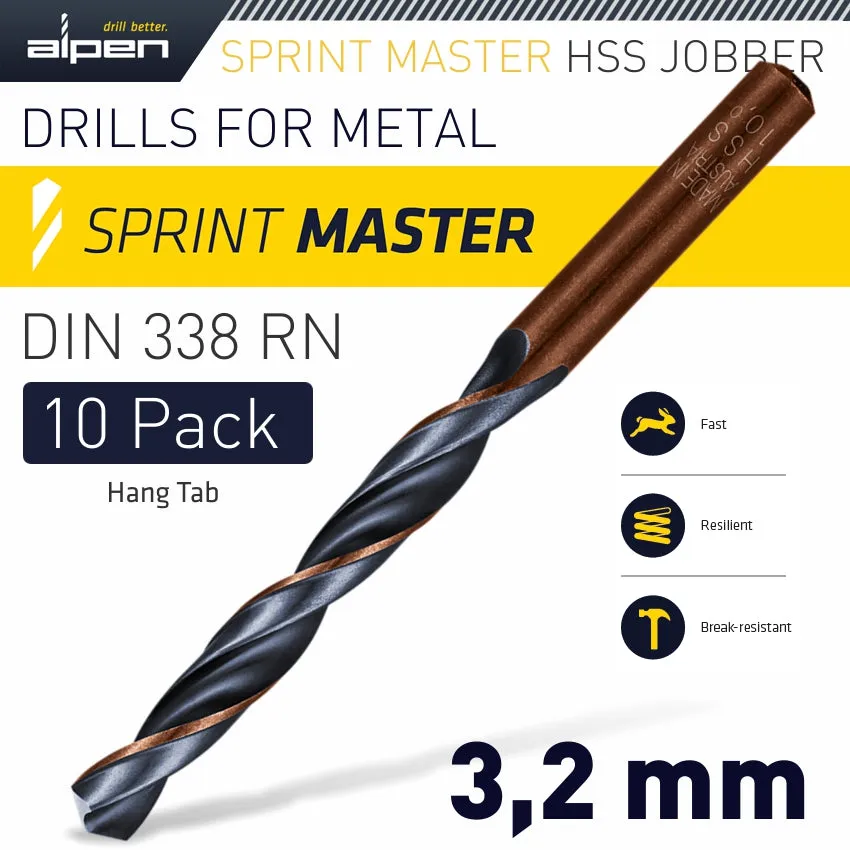 ALPEN HSS SPRINT MASTER 3.2MM 10-PACK HANG TAG DIN 338 ALPEN DRILL BITS ALP6310032