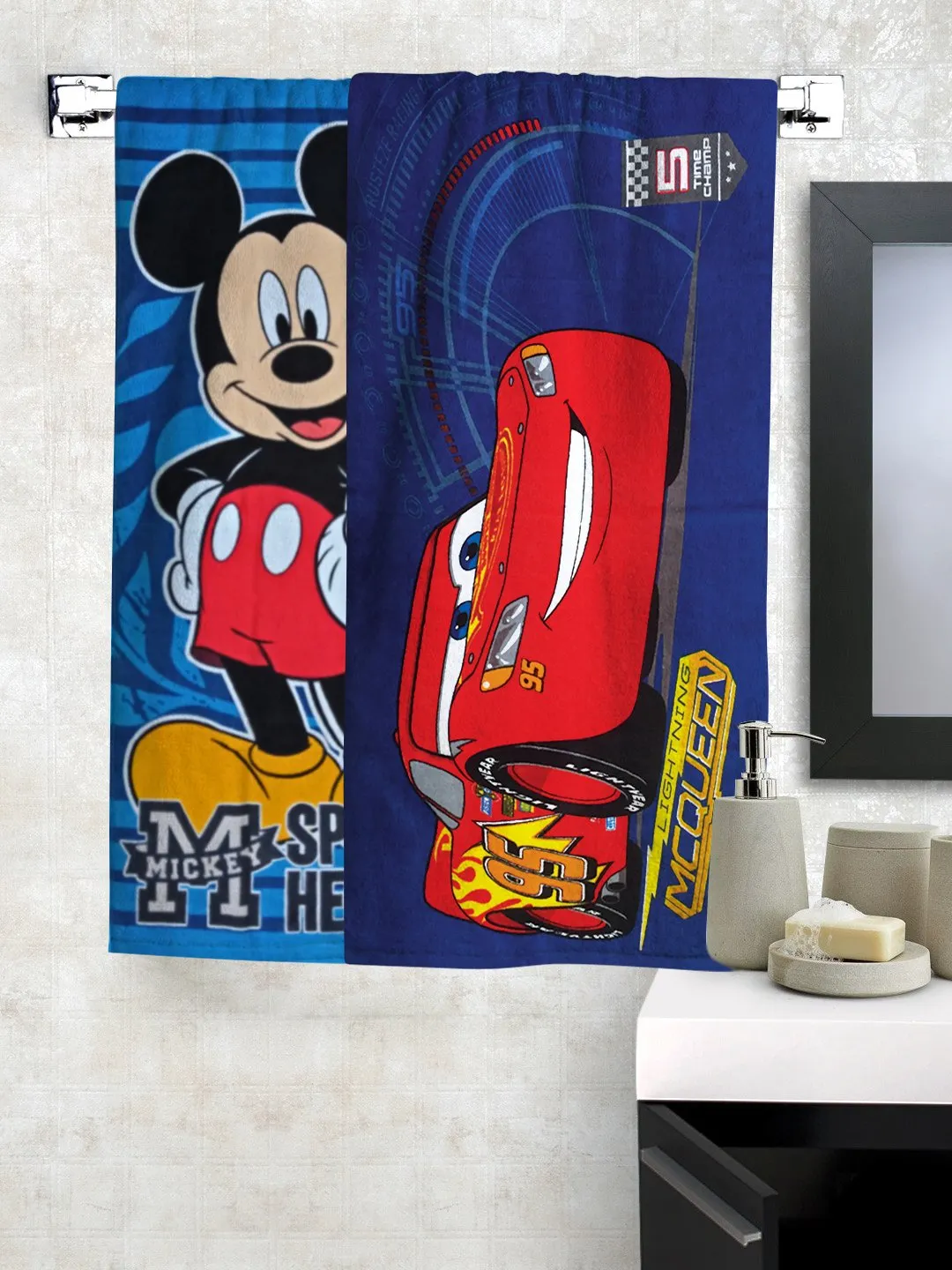 Athom Living Disney Cars & Mickey Mouse Premium 100% Cotton Kids Bath Towel 350 GSM 60x120 cm Pack of 2