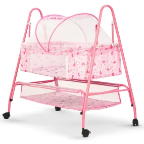 BAYBEE Breezy Baby Swing Cradle for Baby, Jhula Palna for New Born Babies, Baby Bedding Set with Mosquito Net & Storage Basket | Baby Sleeping Swing Cradle for 0 to 12 Month Boys Girls (Light Pink)