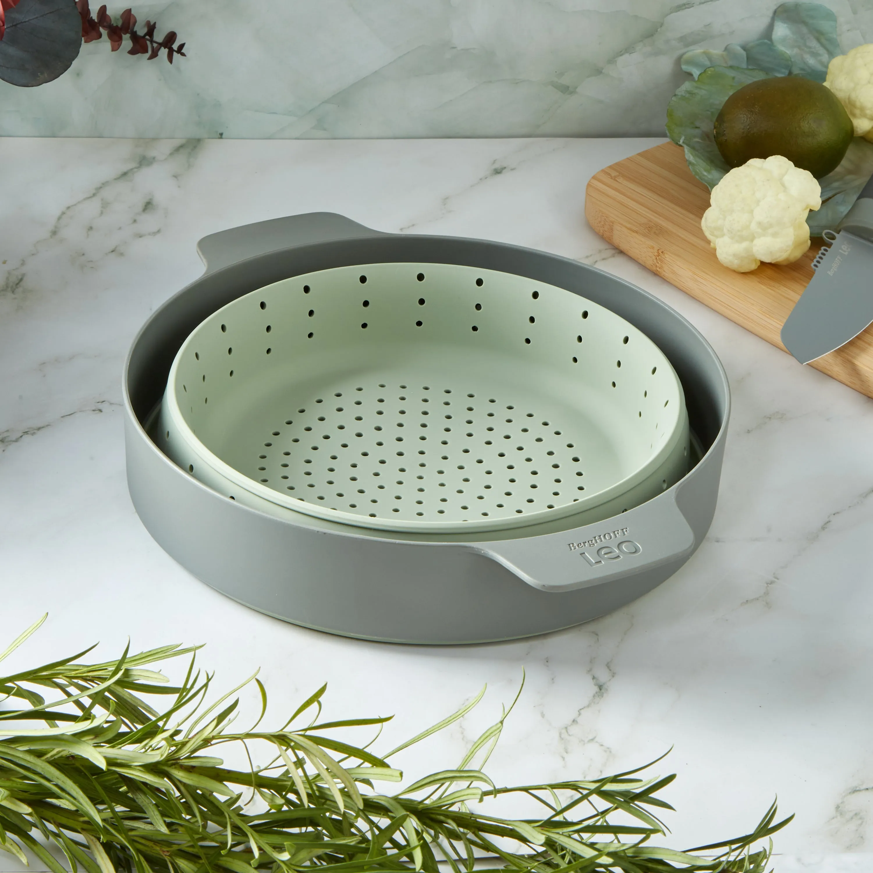 BergHOFF Balance Nonstick Silicone Collapsible Steamer Basket & Strainer 10", Recycled Material, Sage