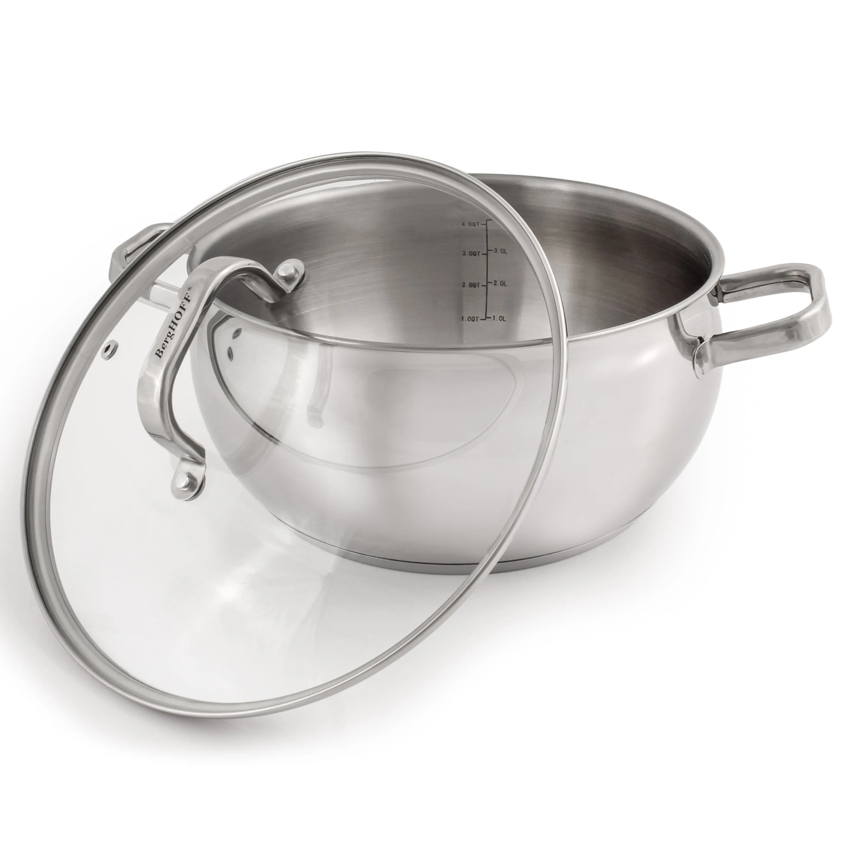 BergHOFF Belly Shape 18/10 Stainless Steel 9.5" Stock Pot with Glass Lid, 5.5qt.