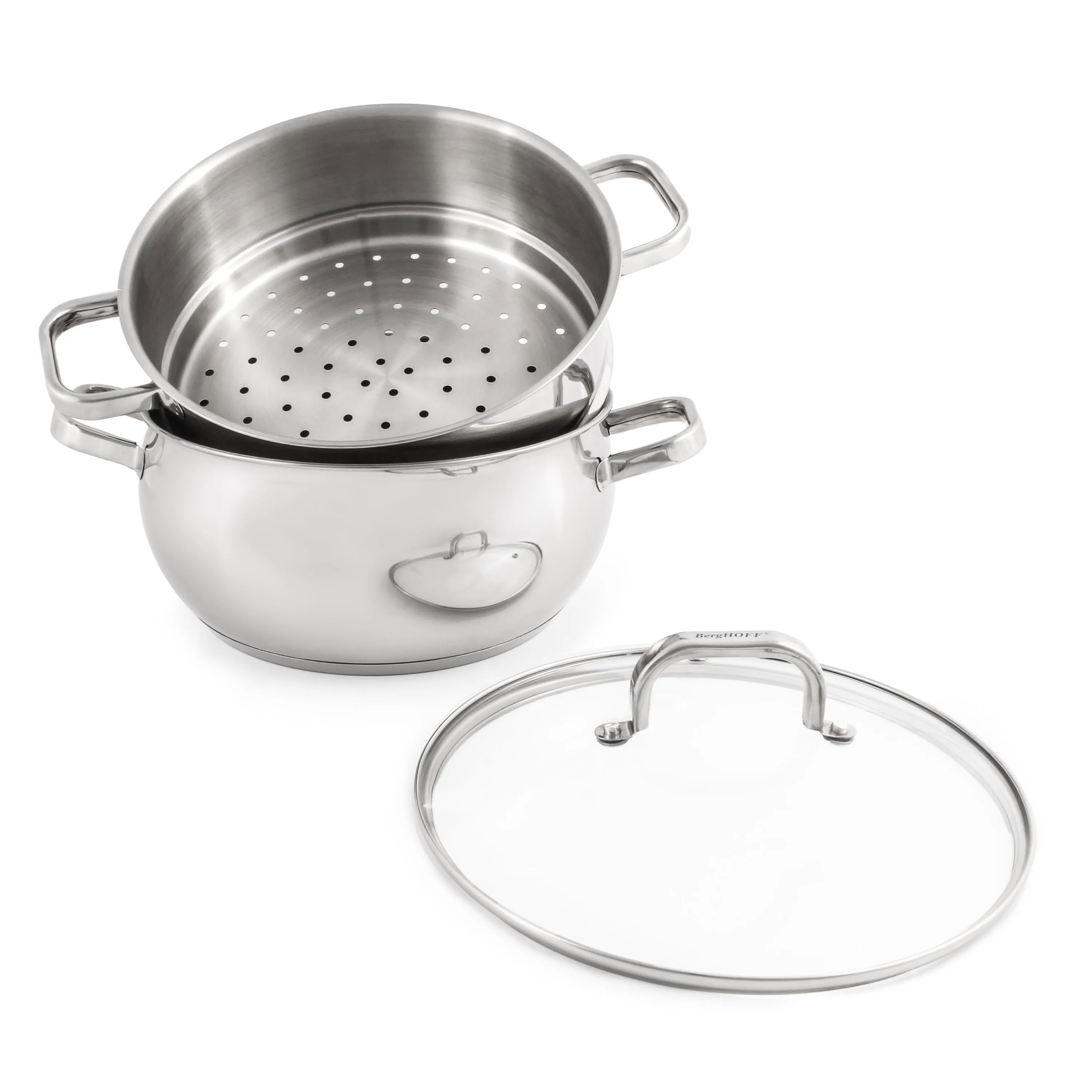 BergHOFF Belly Shape 18/10 Stainless Steel 9.5" Stock Pot with Glass Lid, 5.5qt.