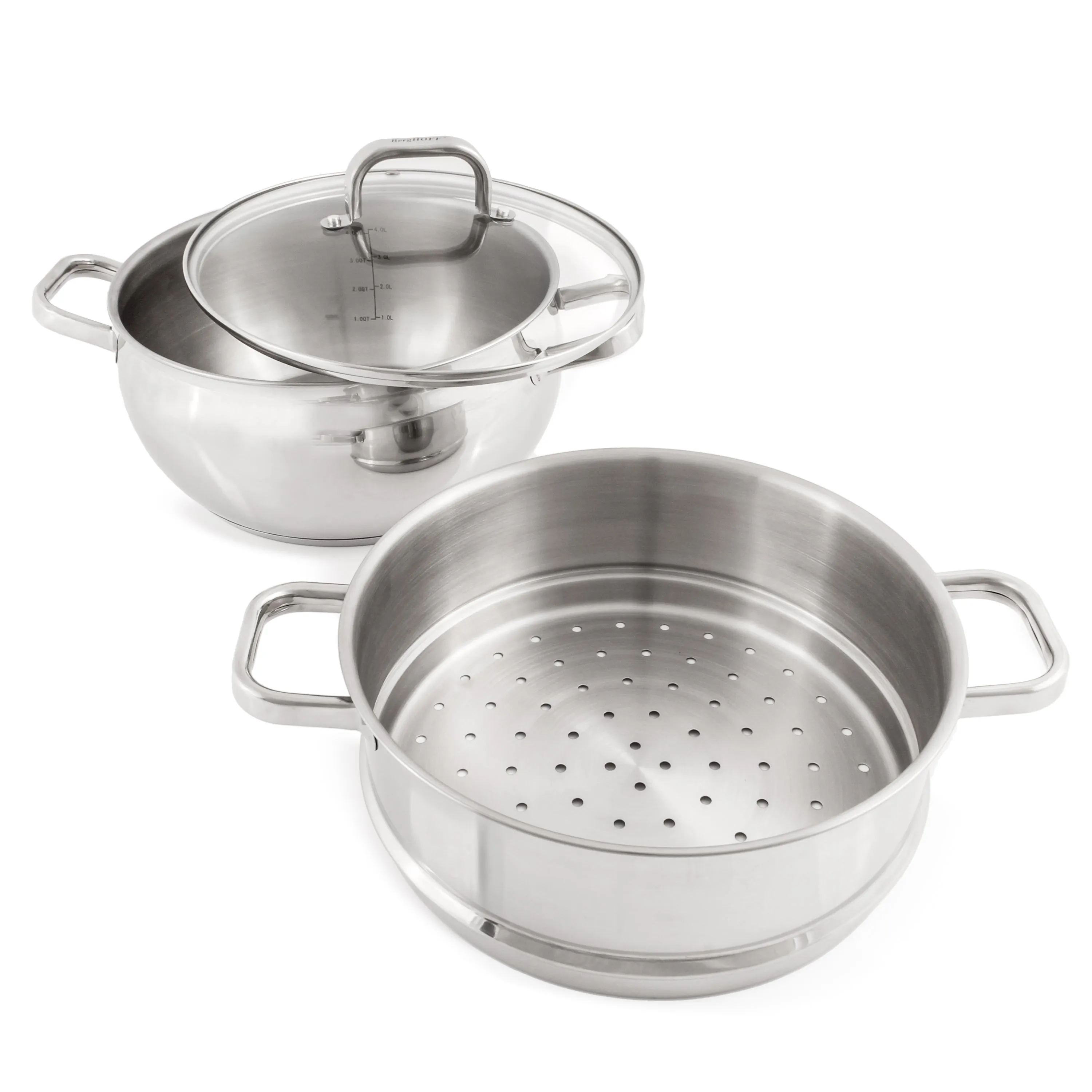 BergHOFF Belly Shape 3pc 18/10 Stainless Steel Steamer Set with Glass Lid