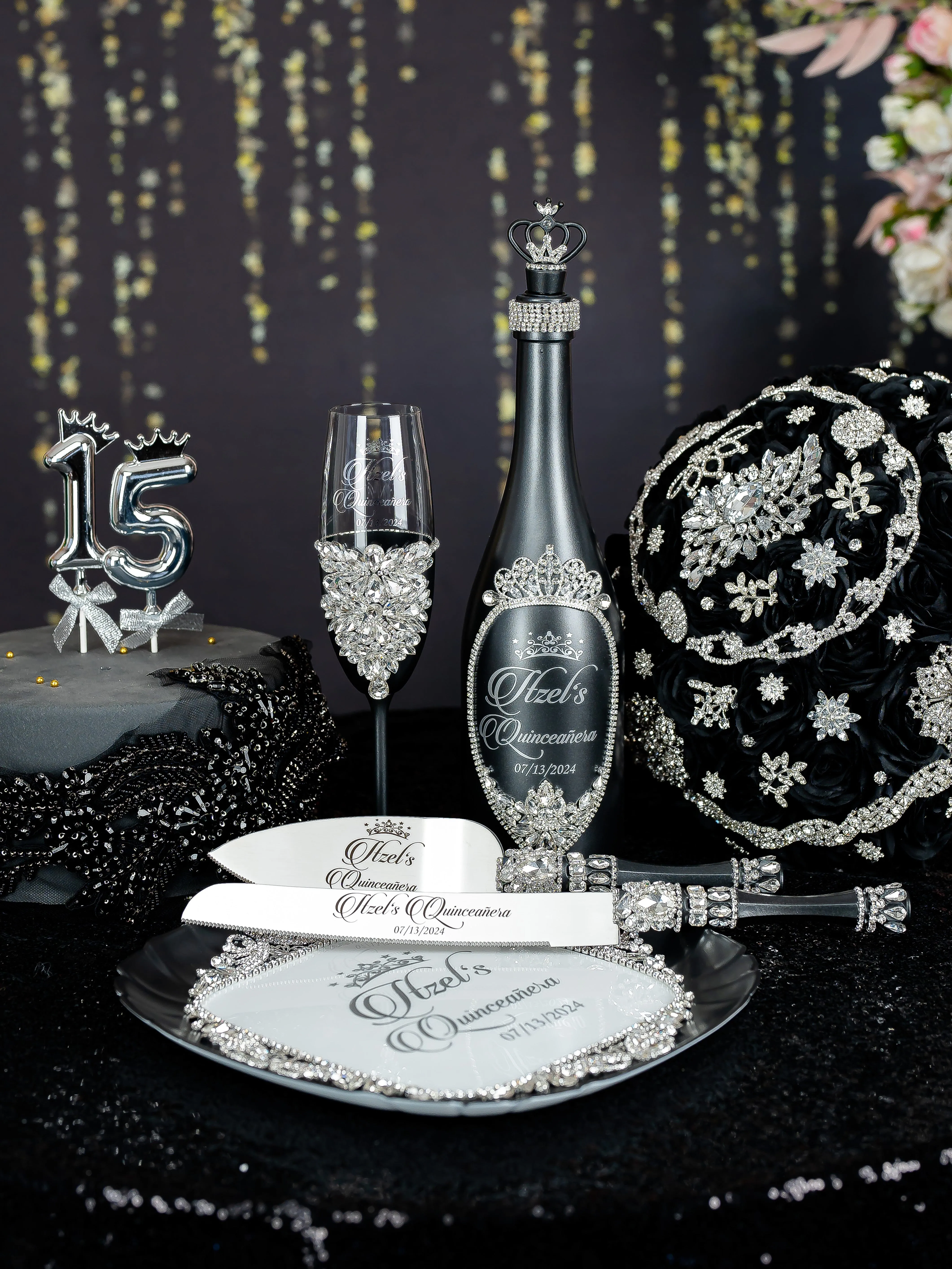 Black silver Quinceanera Bottle with 1 Glass