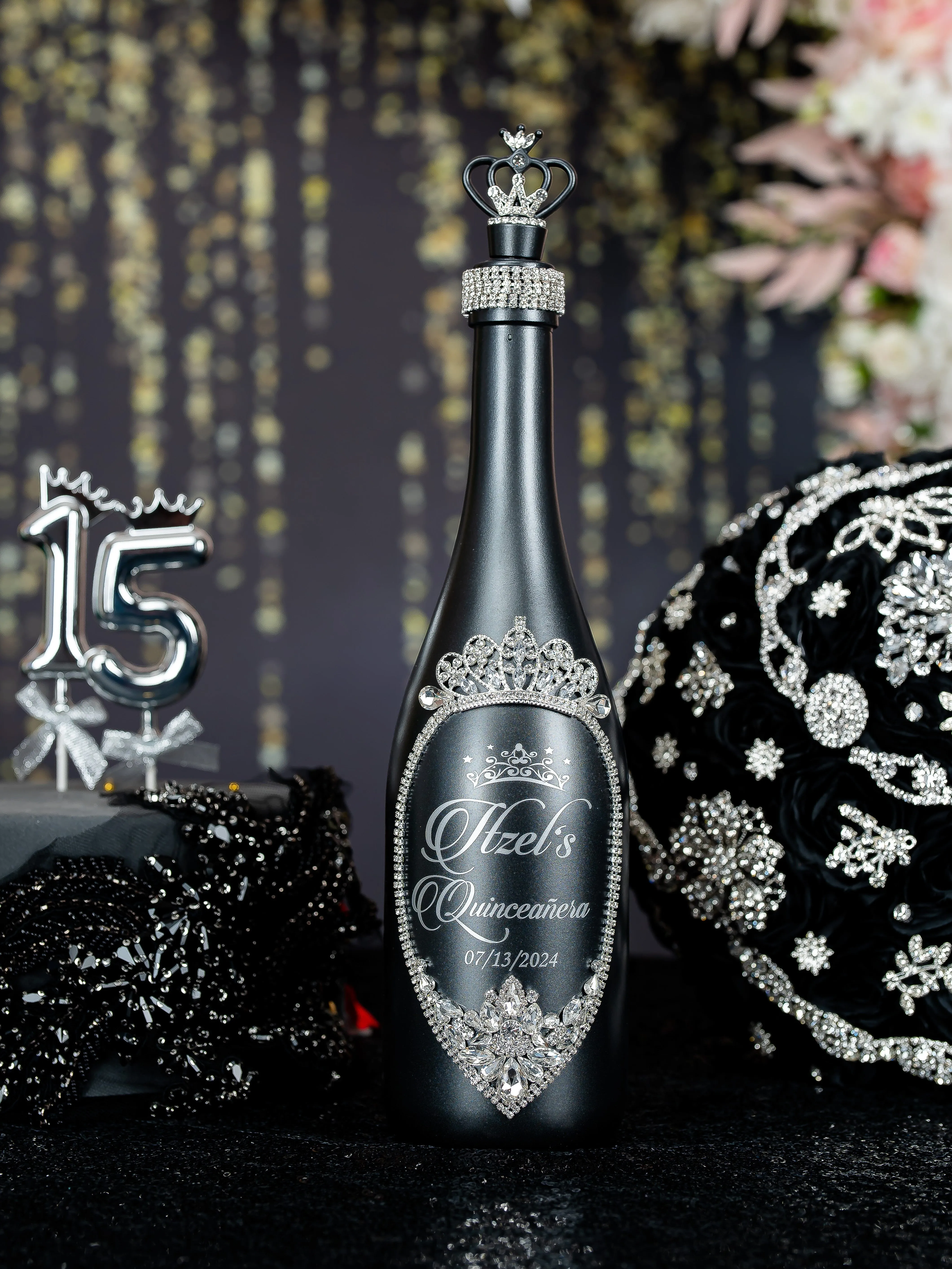 Black silver Quinceanera Bottle with 1 Glass