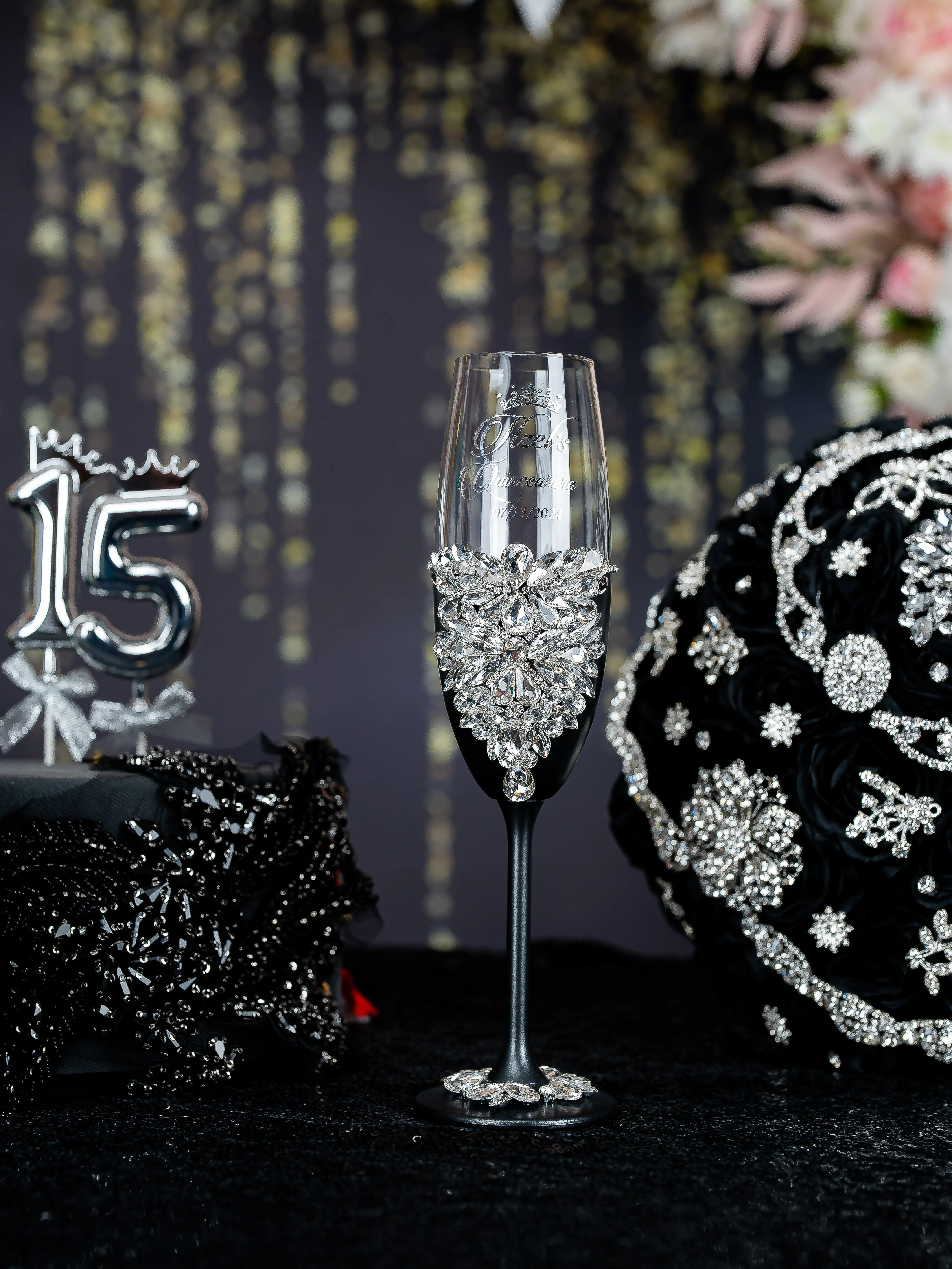 Black silver Quinceanera Bottle with 1 Glass