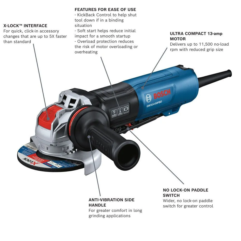 Bosch GWX14-50PBD 5" X-LOCK Angle Grinder with Brake and No Lock-On Paddle Switch