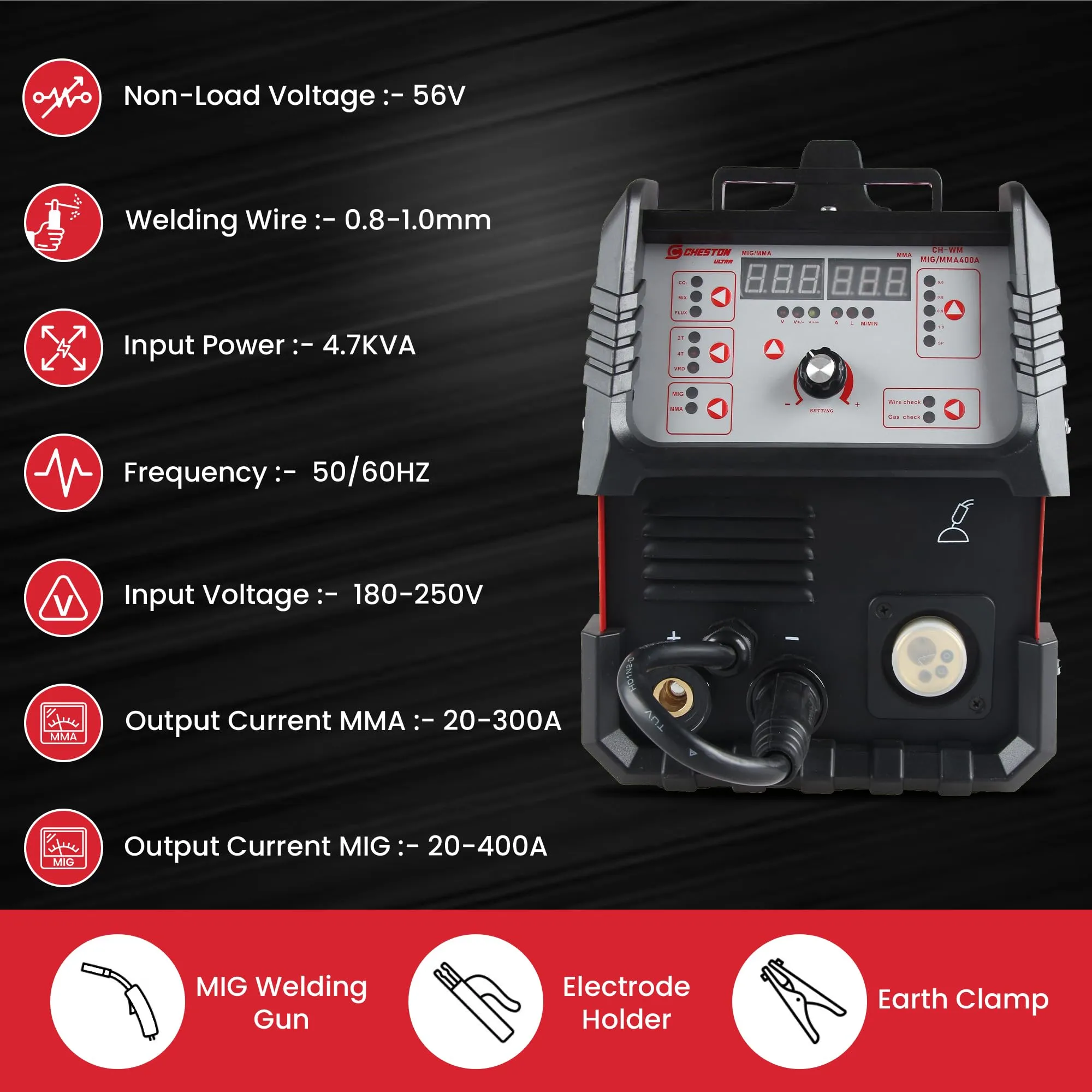 Cheston 400A Ultra MIG/MMA Welding Machine | (2-in-1) Inverter IGBT Welder with Hot Start, Anti Stick Function, Welding Torch, Mask & Accessories | Flux Core Machine Tool