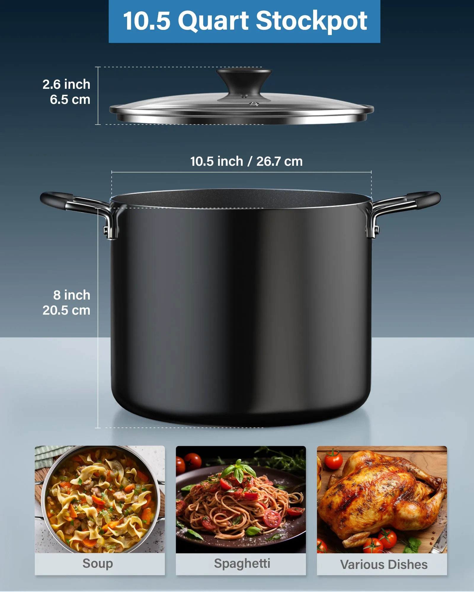 Cook N Home Nonstick Stockpot with Lid 10.5-Qt, Deep Cooking Pot Cookware Canning Stock Pot with Glass Lid, Black