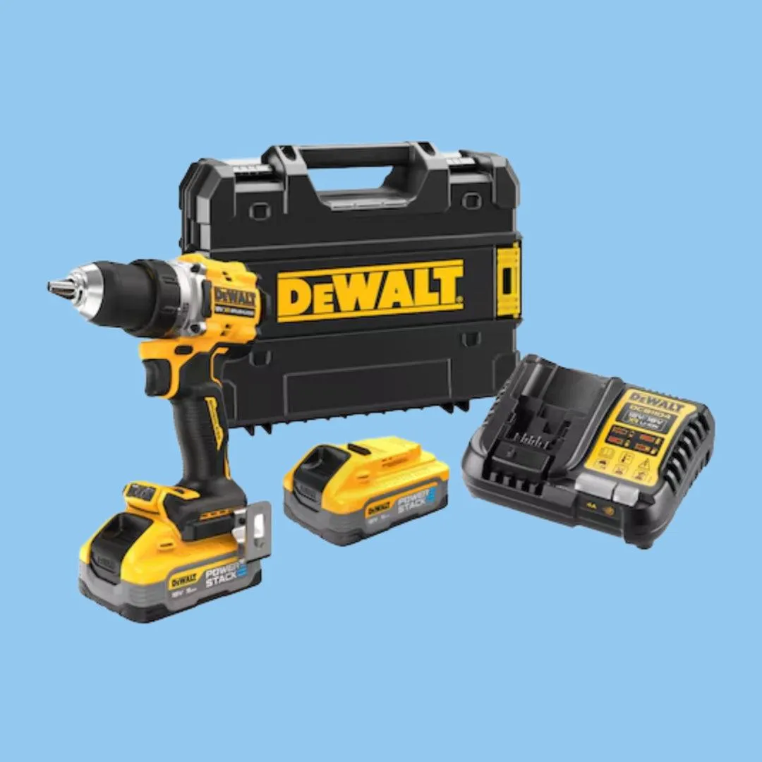 DeWalt 18V XR 90Nm Brushless Drill Driver with 2 POWERSTACK Batteries - Compact, High Torque, 15 Torque Settings, LED Light, TSTAK Case