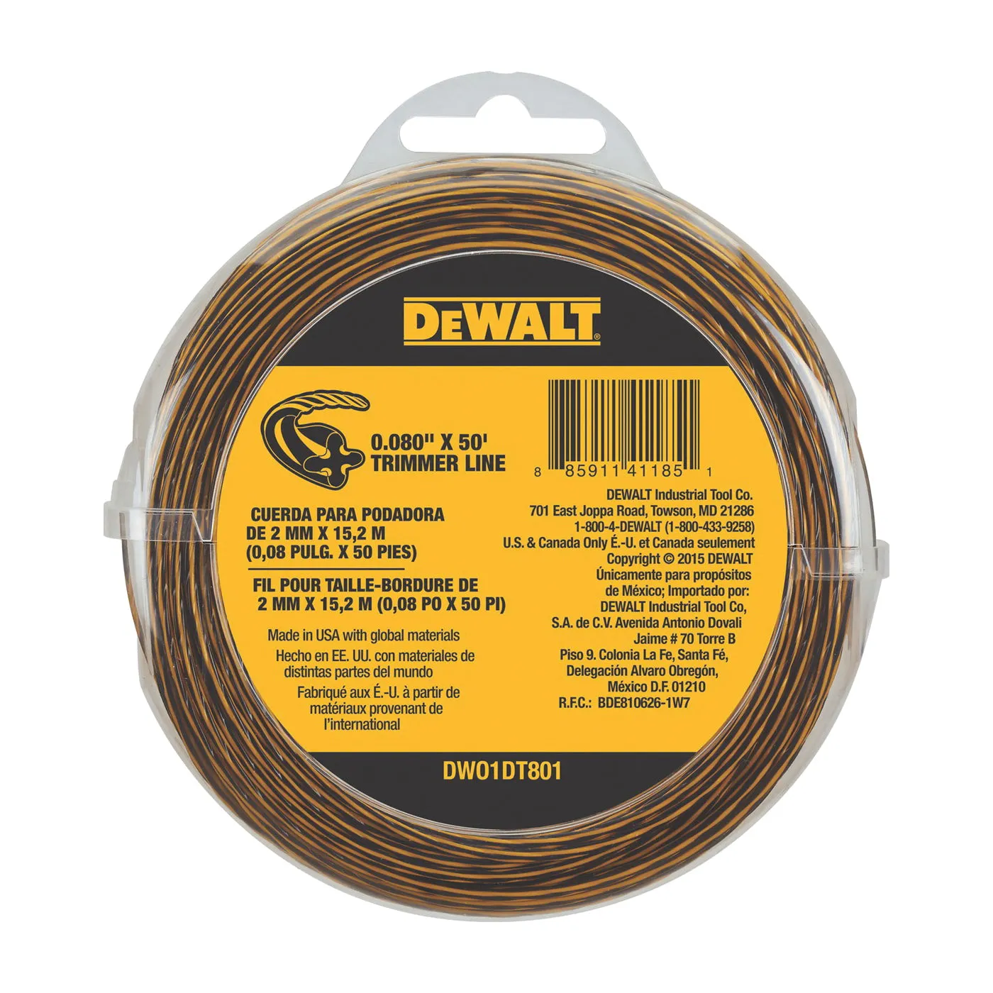 DeWALT DWO1DT801 Trimmer Line, 0.080 in Dia, 50 ft L, Yellow