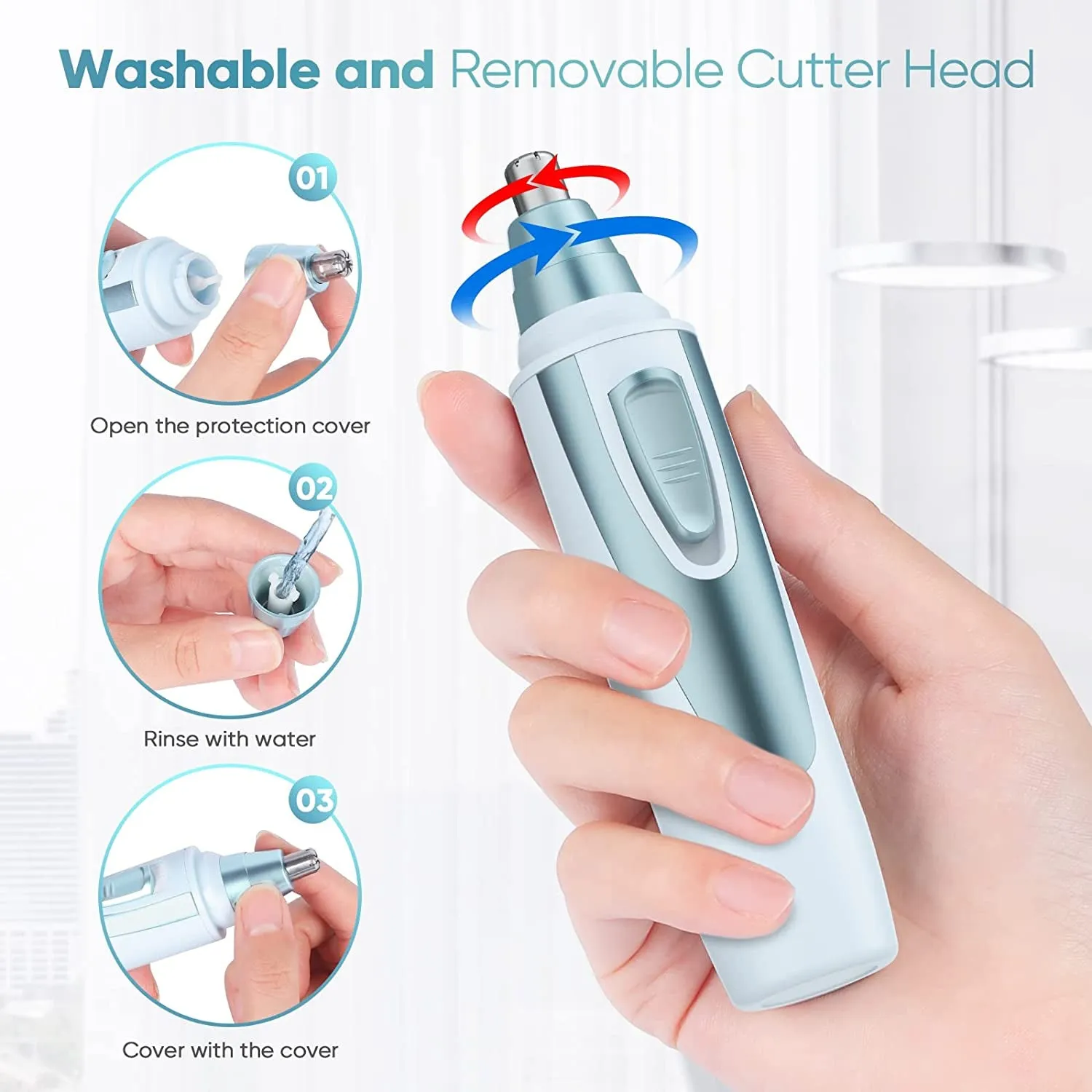 Ear and Nose Hair Trimmer Clipper - 2024 Professional Painless Eyebrow & Facial Hair Trimmer for Men Women, Battery-Operated Trimmer with IPX7 Waterproof, Dual Edge Blades for Easy Cleansing Blue