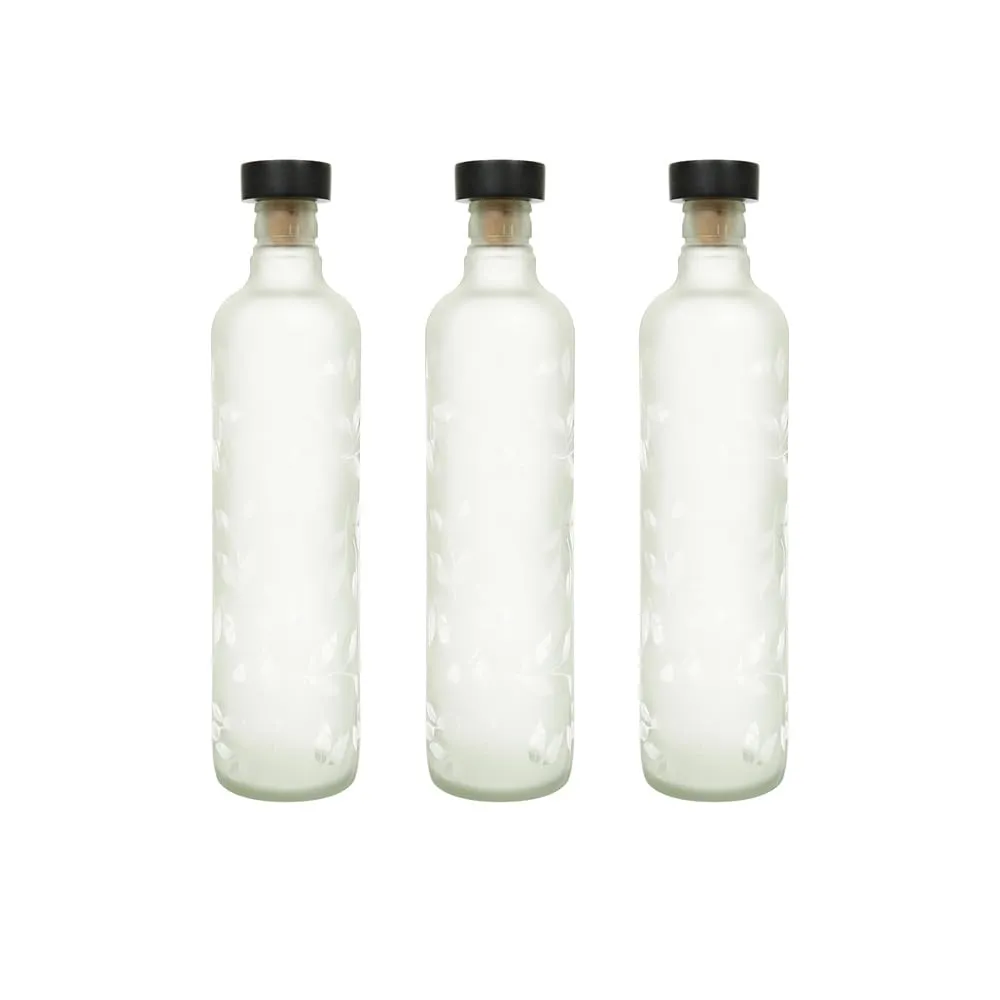 Ellementry Frosted Leaf Glass Bottle with Cork (750 ML)| Water and Milk Bottle for Fridge | Clear and Transparent Bottles for Home & Office | BPA Free | Stylish & Premium Wine Bottle- Set of 3