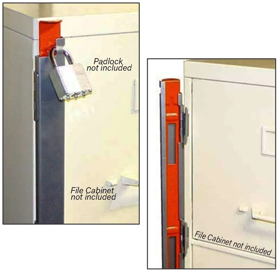 File Cabinet Locking Bar, Reversible, 5-Drawer, Spring Open Action, 56" Length, Powder Coated Steel, Silver Cover, Bright Orange Slide