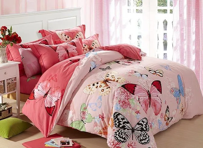 Flying Butterflies Flowers Printed Cotton Pink Luxury 4-Piece Bedding Sets/Duvet Cover