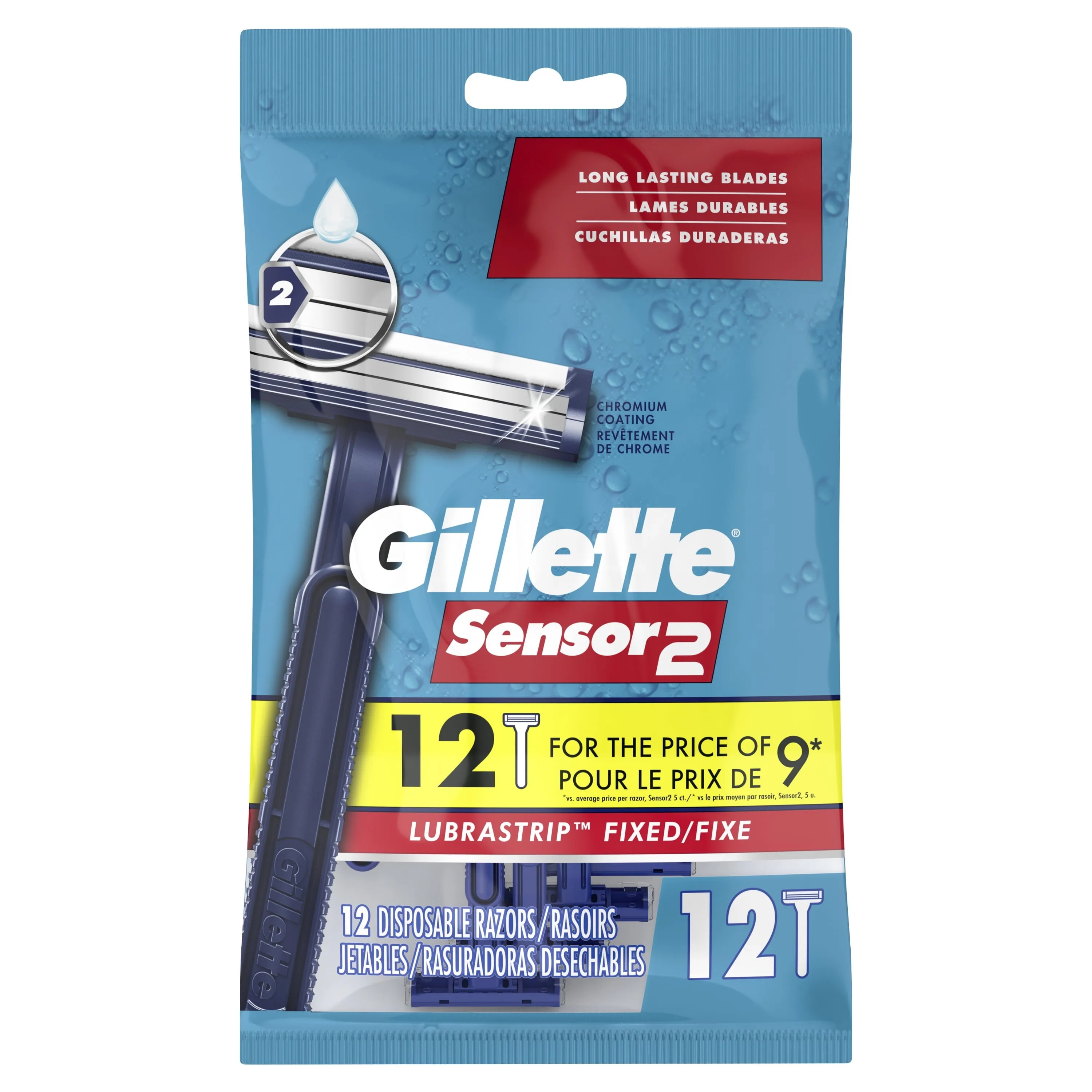 Gillette Sensor2 Fixed Head Men's Disposable Razors, Blue, 12 Count