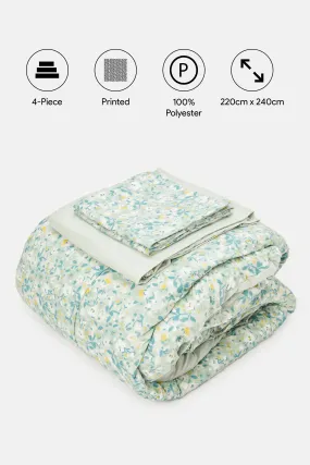 Green 4 Piece Floral Printed Comforter Set (Double Size)