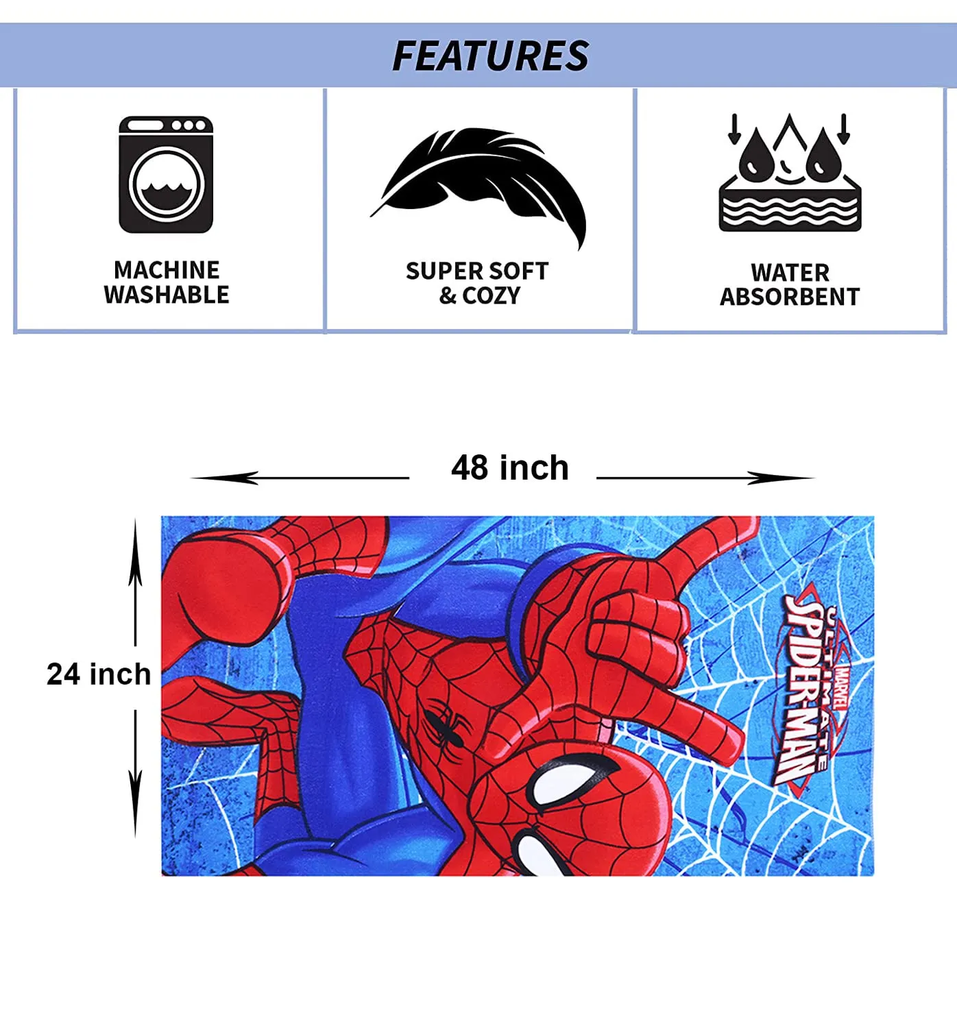 Heart Home Marvel Spiderman Kids Bath Towel|Soft Cotton Towel for Kids|Sides Stitched Baby Towel|400 GSM Toddler Bath Towel|24x48 Inch|Pack of 2 (Red)