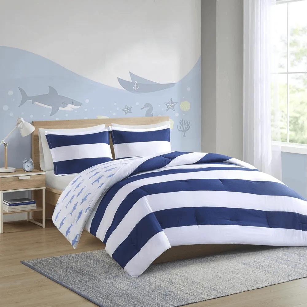 Kids' Cotton Stripe & Shark Comforter Set