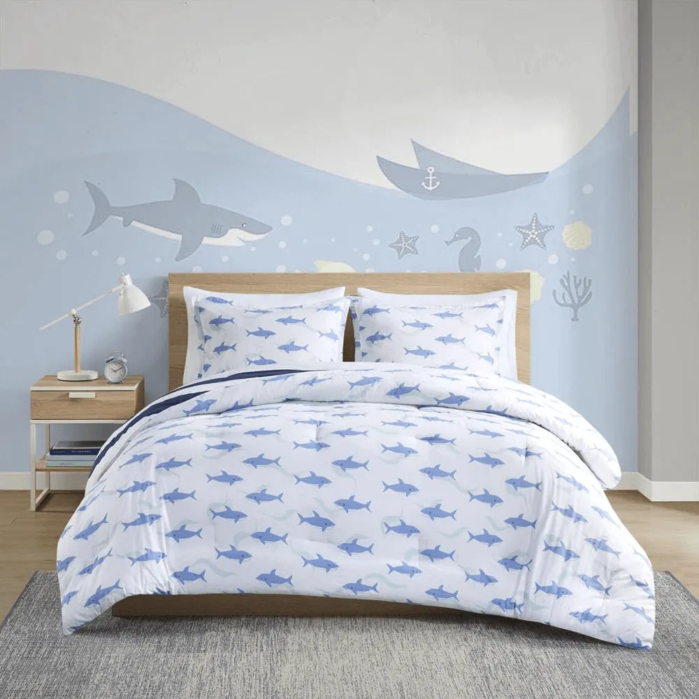 Kids' Cotton Stripe & Shark Comforter Set