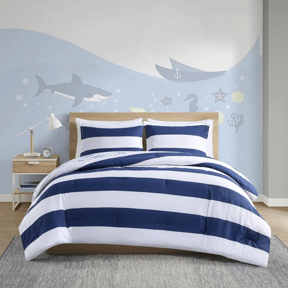 Kids' Cotton Stripe & Shark Comforter Set