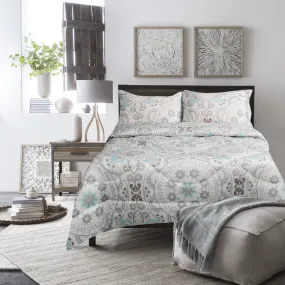 Lauren Taylor - 3 Piece Printed Microfiber Comforter Set | Grey & Blue - Medallion