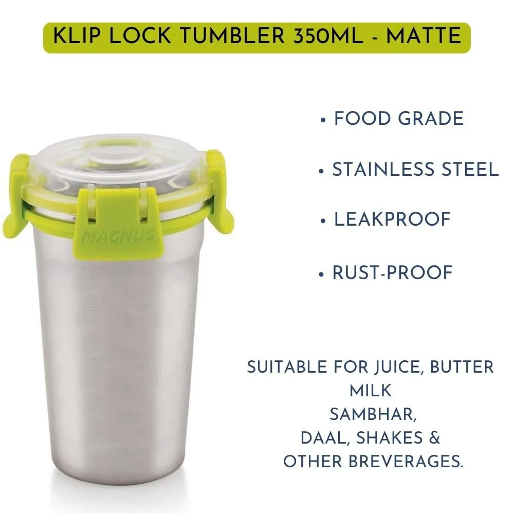 Magnus Stainless Steel Matte Klip Lock Tumbler with Lid and Straw - 350ml | Leak-Proof & Airtight Tumbler - Ideal for Travel, Office, Kids | Perfect for Juice, Buttermilk | Pack of 3