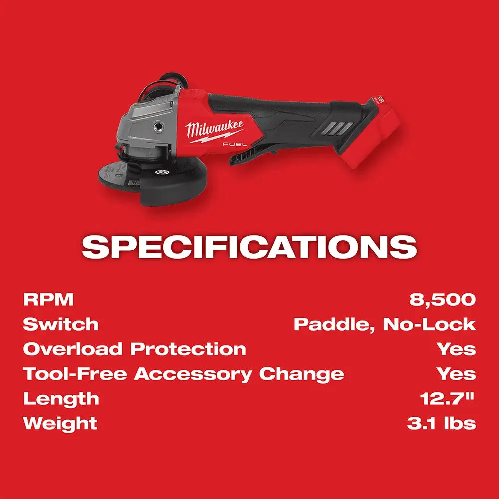 Milwaukee 4-1/2" / 5" M18 FUEL Cordless Paddle Switch Angle Grinder, (No-Lock)