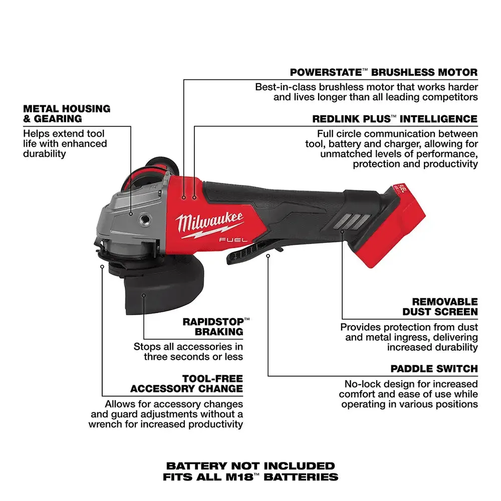 Milwaukee 4-1/2" / 5" M18 FUEL Cordless Paddle Switch Angle Grinder, (No-Lock)