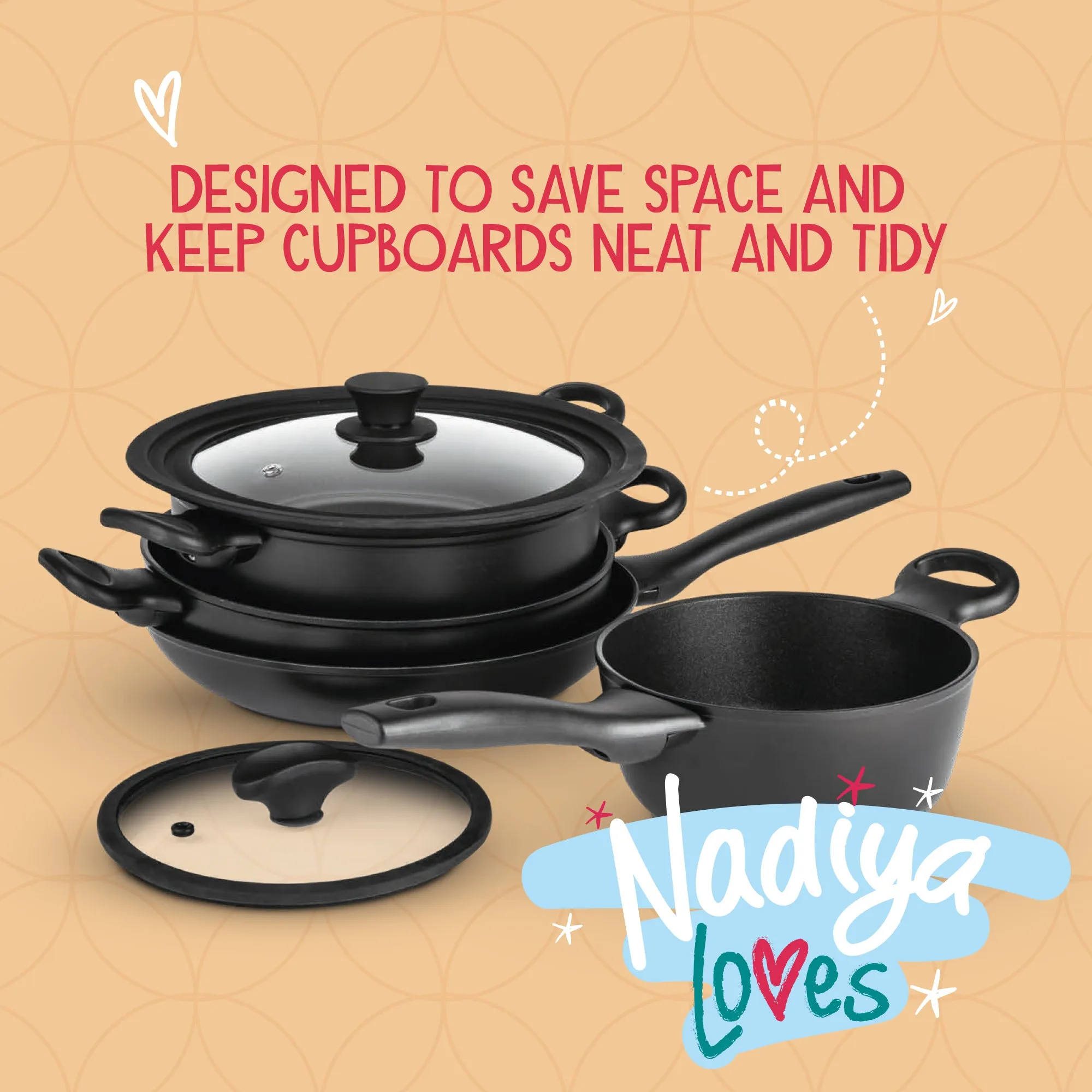 Nadiya Hussain Stackable Non-Stick Frying Pan, Stockpot, Saucepan & Multi-Use Lid - Set