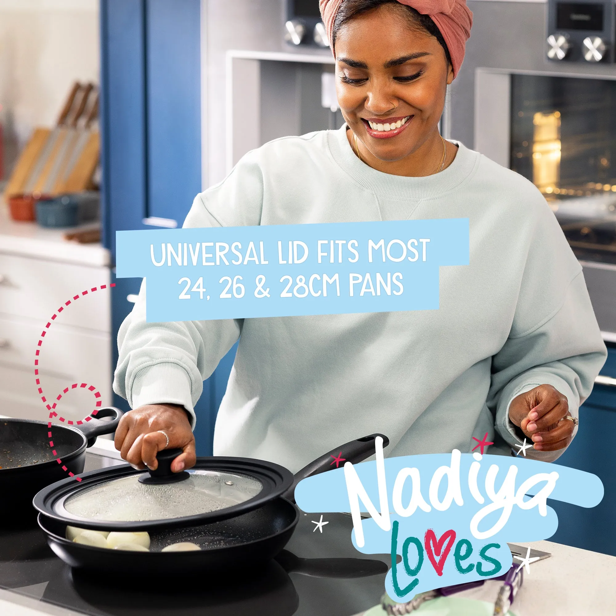 Nadiya Hussain Stackable Non-Stick Frying Pan, Stockpot, Saucepan & Multi-Use Lid - Set