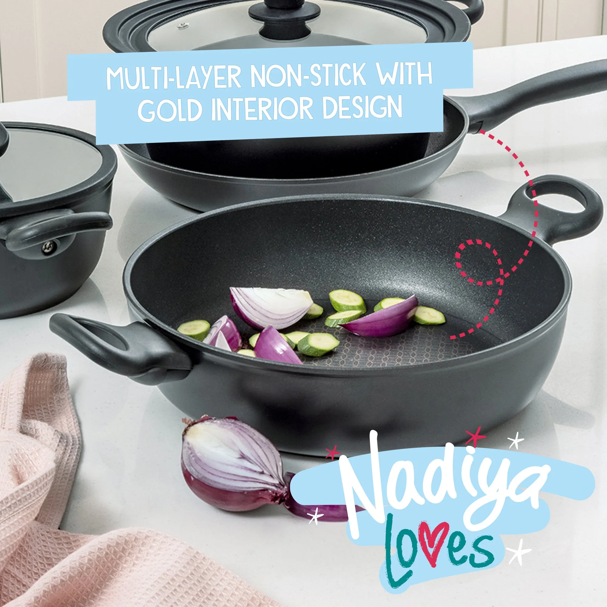 Nadiya Hussain Stackable Non-Stick Frying Pan, Stockpot, Saucepan & Multi-Use Lid - Set