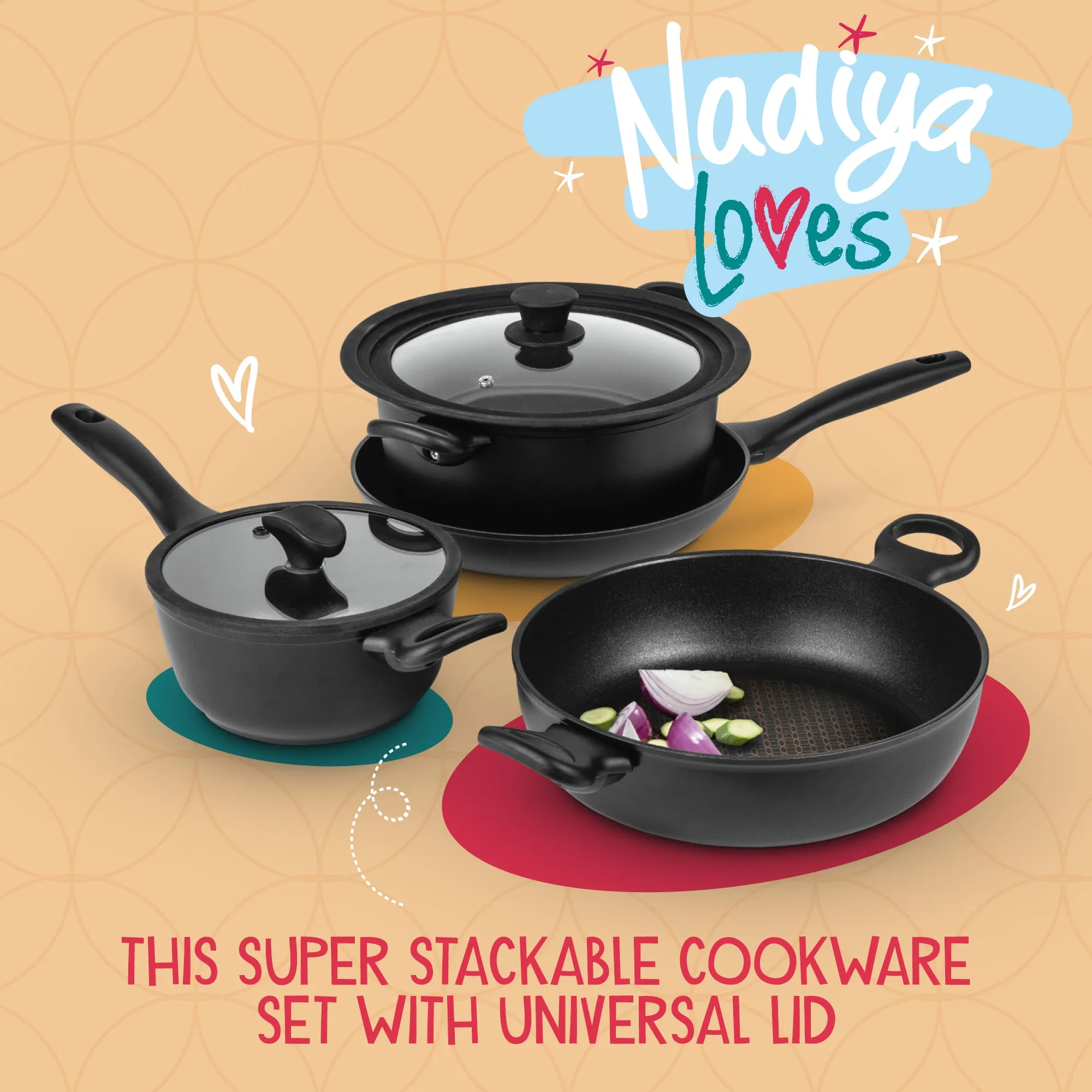 Nadiya Hussain Stackable Non-Stick Frying Pan, Stockpot, Saucepan & Multi-Use Lid - Set