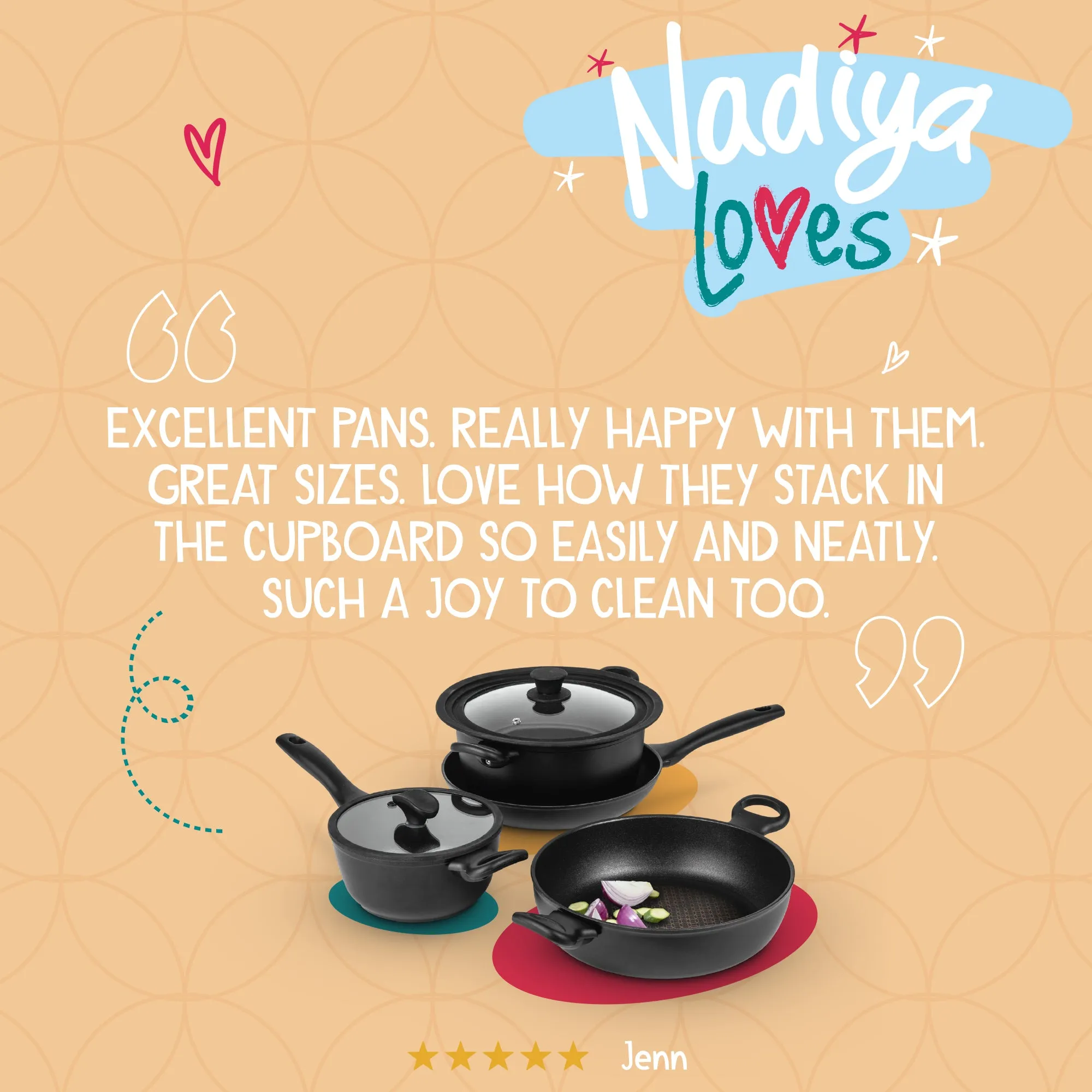 Nadiya Hussain Stackable Non-Stick Frying Pan, Stockpot, Saucepan & Multi-Use Lid - Set