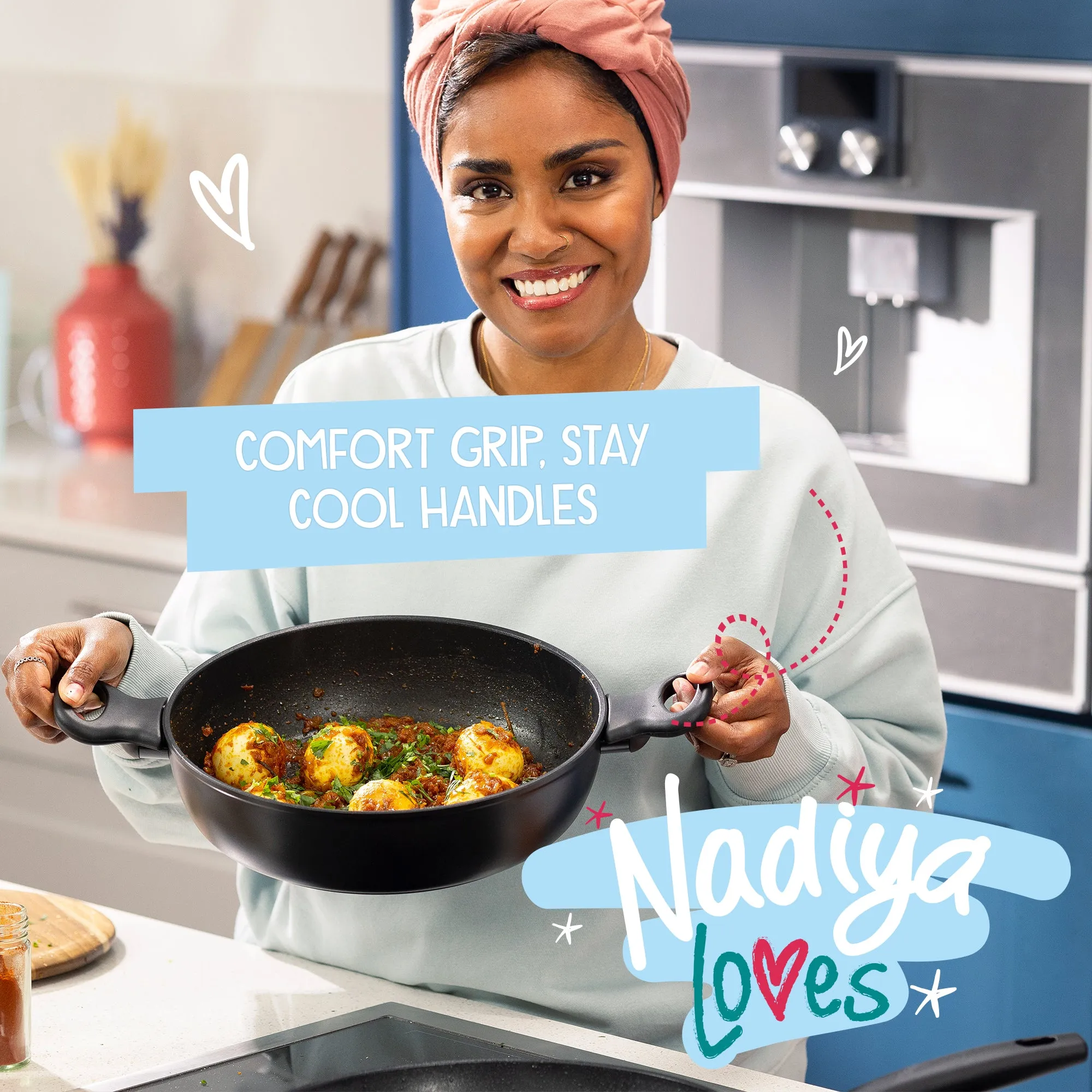 Nadiya Hussain Stackable Non-Stick Frying Pan, Stockpot, Saucepan & Multi-Use Lid - Set