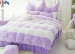 Noble Purple and White Color Block Luxury 4-Piece Velvet Fluffy Bedding Set/Duvet Cover