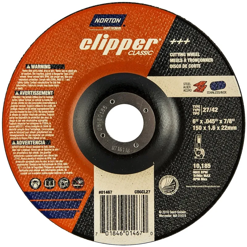 Norton Clipper Classic A AO Series 70184601467 Cut-Off Wheel, 6 in Dia, 0.045 in Thick, 7/8 in Arbor, 1/EA :EA: QUANTITY: 1