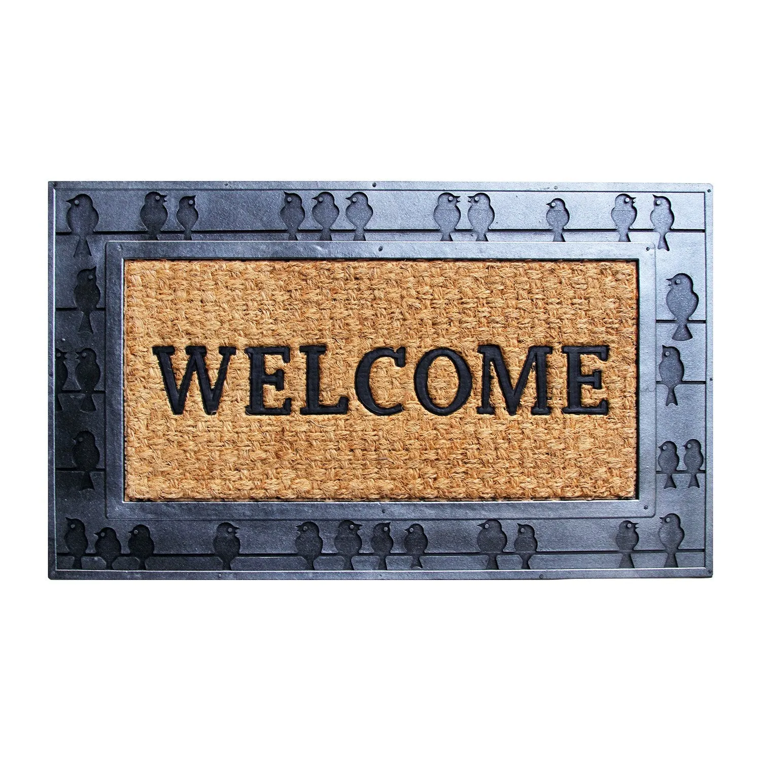 OnlyMat Black Coco Rubber Welcome Entrance Door Mat with Bird Design Wide Border