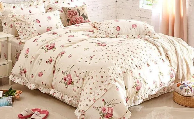 Pastoral Style Floral Print Beige Cotton Luxury 4-Piece Bedding Set/Duvet Cover