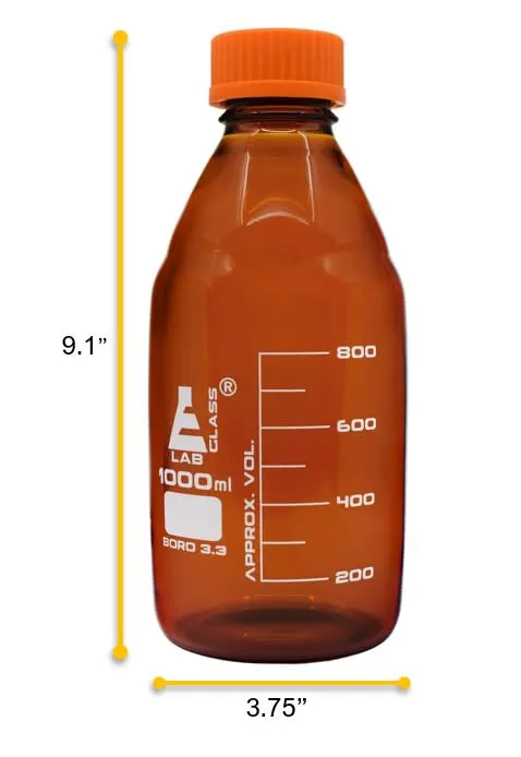 Reagent Bottle, 1000ml - Amber Colored Glass - Orange Screw Cap - Borosilicate 3.3 Glass