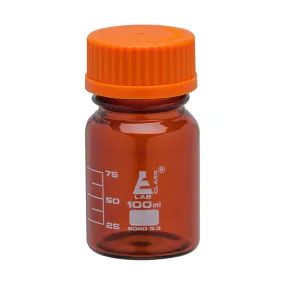 Reagent Bottle, 100ml - Amber Colored Glass - Orange Screw Cap - Borosilicate 3.3 Glass