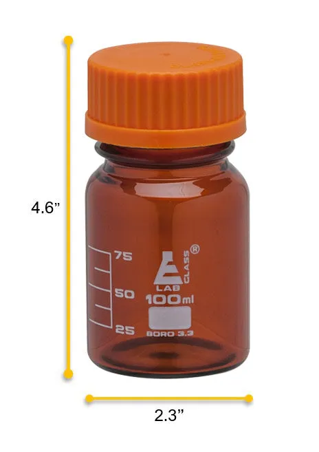 Reagent Bottle, 100ml - Amber Colored Glass - Orange Screw Cap - Borosilicate 3.3 Glass